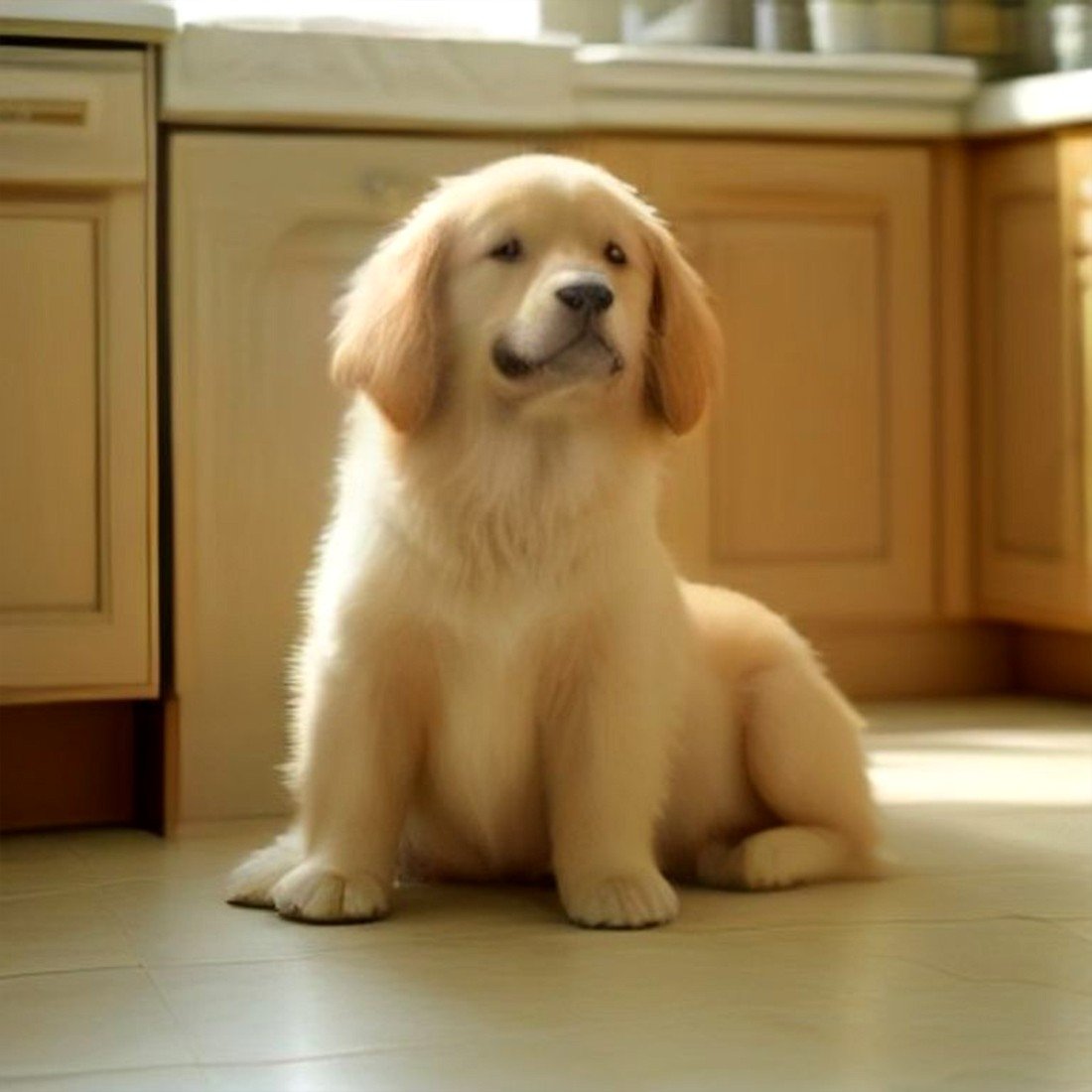 Golden retriever puppy waiting at feeding time
