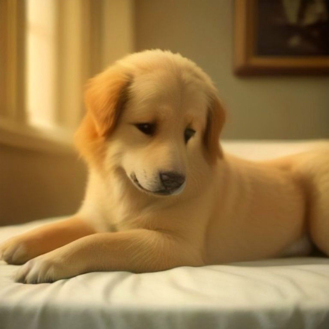 Golden retriever resting quietly before surgery