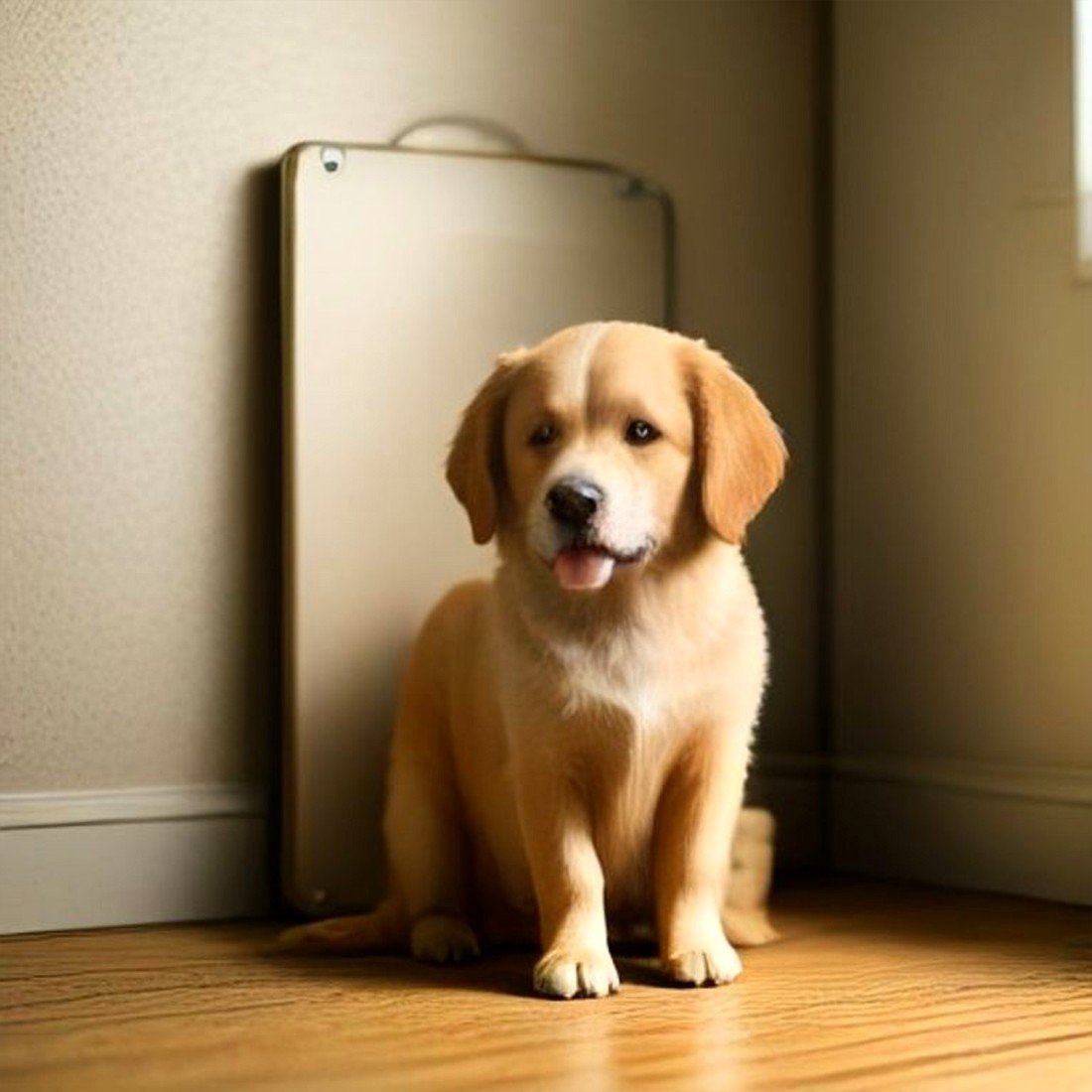 Golden retriever beside a travel case