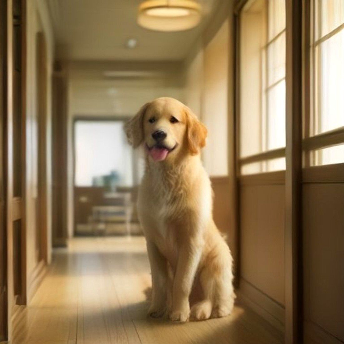 Alert golden retriever waiting in the clinic reception